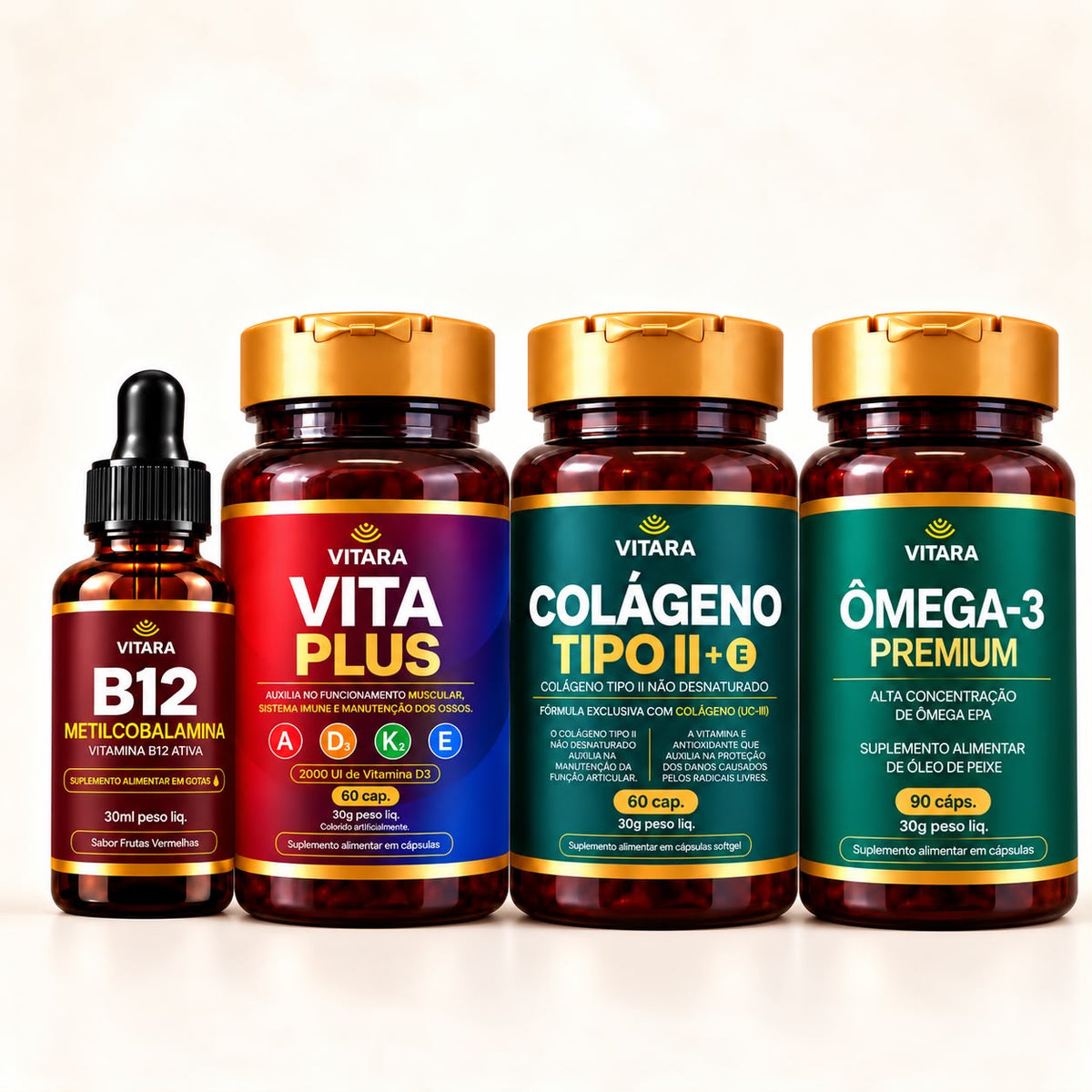 Combo Bem-estar e Articulações | B12 + Vita Plus + Colágeno + Ômega 3