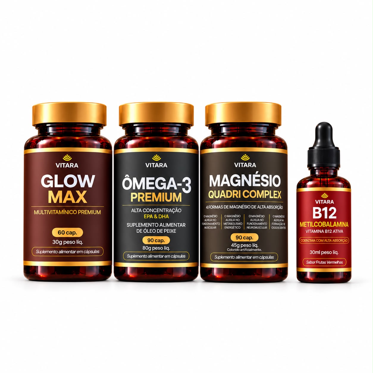 🎁 Escova Brinde | Combo Imunidade e Vitalidade | Glow Max + Ômega 3 + Magnésio + B12