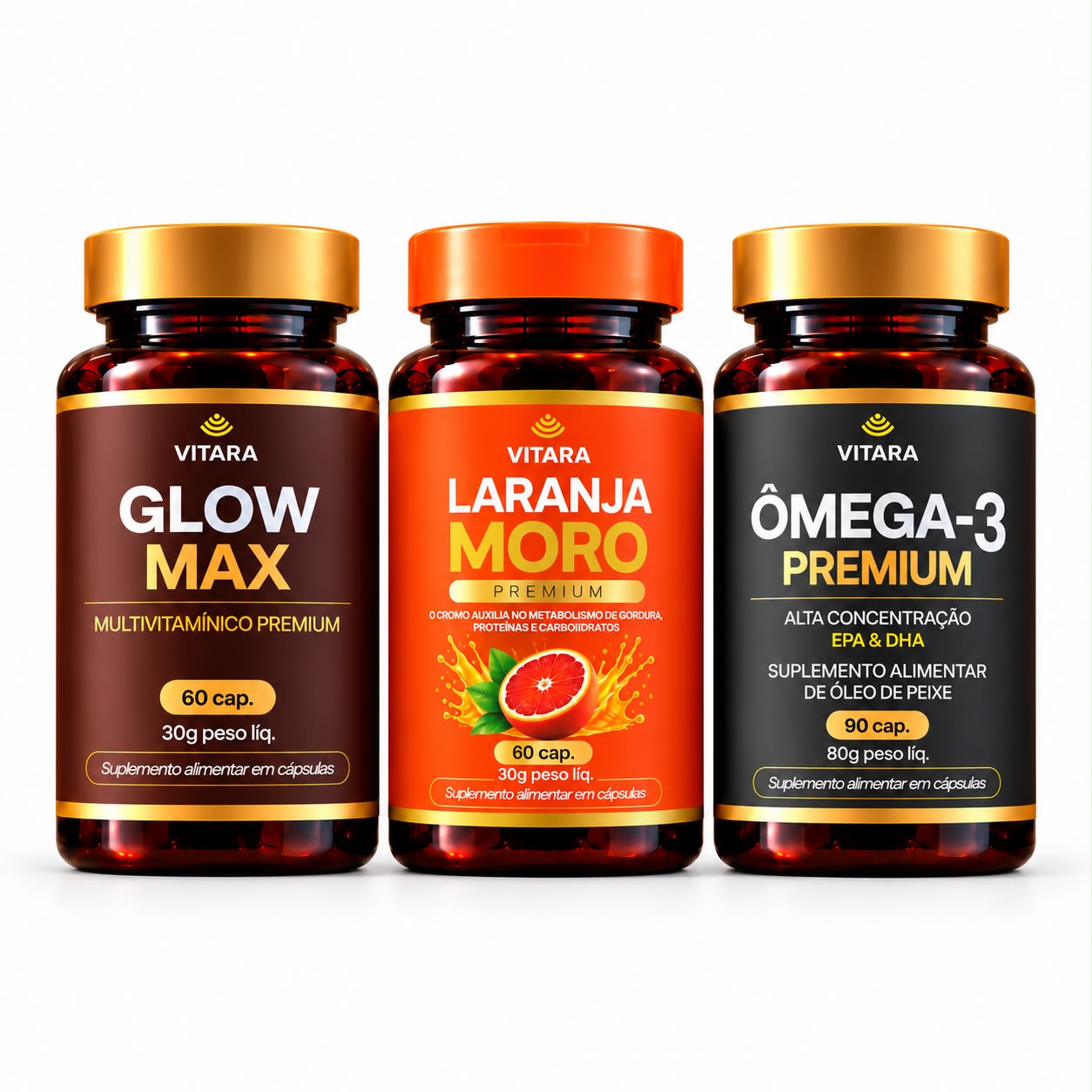 🎁 Escova Brinde | Combo Vitara | Glow Max + Laranja Moro + Ômega 3