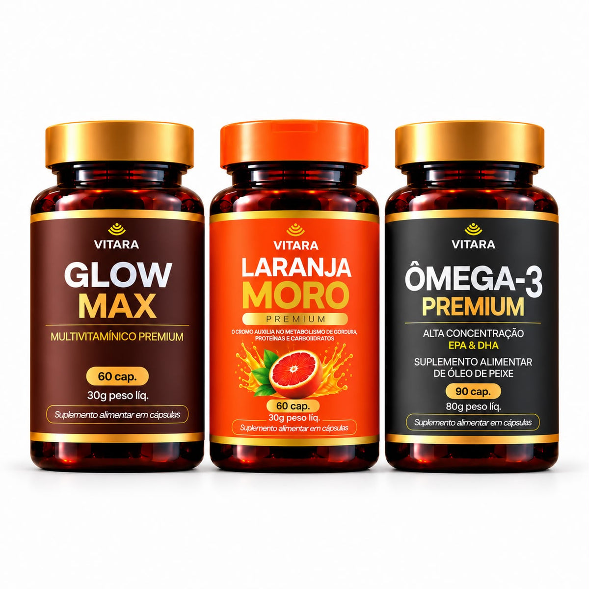 🎁 Escova Brinde | Combo Vitara | Glow Max + Laranja Moro + Ômega 3