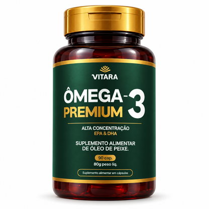Imagem ilustrativa de produto: Ômega 3 Premium Vitara, 90 cápsulas, rótulo verde-escuro e tampa dourada.